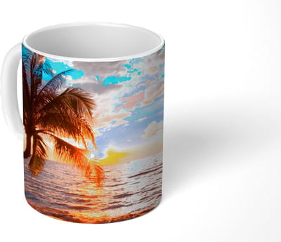 Mok - Koffiemok - Palm - Zonsondergang - Horizon - Strand - Zee - Tropisch - Mokken - 350 ML - Beker - Koffiemokken - Theemok