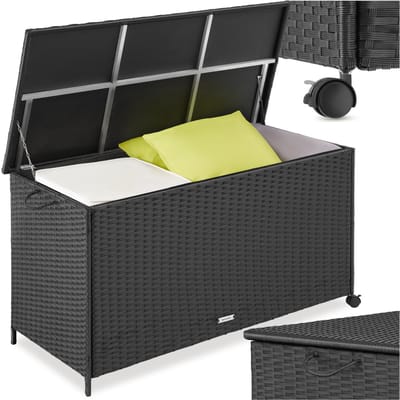 tectake® Wicker Opbergbox - 253 L - Kussenbox voor Buiten - Tuinbox - 116 x 54 x 64 cm - Weerbestendig en Afsluitbaar met Deksel - Verrijdbaar - Inclusief 2 Handgrepen, 2 Wielen met Rem en Gasveren - Tuinkist - Zwart