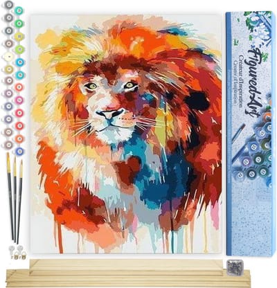 Figured'Art Schilderen op Nummer Volwassenen canvas Flamboyante leeuw - Handwerk acrylverf Kit DIY Compleet - 40x50cm met DIY houten lijst