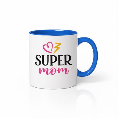 Super Mom Unieke Theemok – Hart en Bliksem Illustratie – Gepersonaliseerd Moeder Cadeau – Blauw en Wit