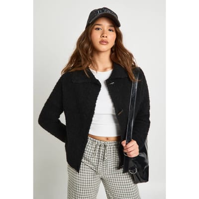 boohoo Dames Overdimensionale boucle gebreide trui met toggleknopen | Black | Maat: Small