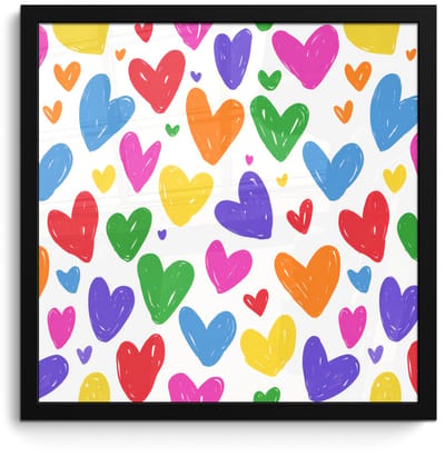 Poster in lijst - Fotolijst 40x40 cm - Posters - Hartjes - Patroon - Kleurrijk - Tekening - Posterlijst zwart - Decoratie - Wanddecoratie woonkamer - Muurdecoratie slaapkamer