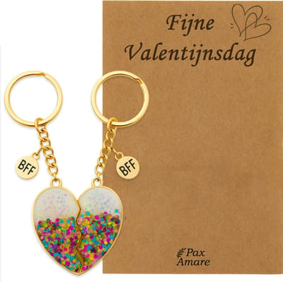 Koppel Sleutelhanger voor 2 'Fijne Valentijnsdag' - Magnetisch Glitter Hartje - Sleutelhanger set op Cadeau Kaartje - Goudkleurig - Vriendschap of Relatie Symbool - Pax Amare