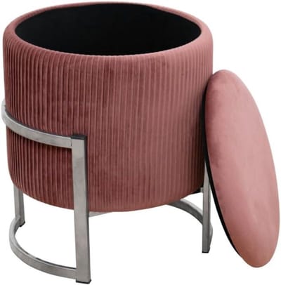 BDW Fluwelen poef Porto | voetenbank | plank voor kleine voorwerpen | modern | velours gevoerd | decoratieve poef | metalen bodem | voor de woonkamer en slaapkamer | (roze)