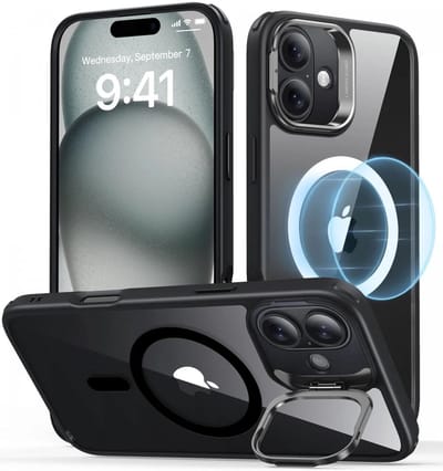 ESR Hoesje Geschikt voor Apple iPhone 16 Plus - Classic Hybrid HaloLock - Compatibel met MagSafe en ESR HaloLock - Back Cover met Standaard - Camera Kickstand - Transparant Zwart