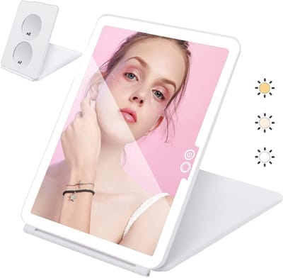 Draagbare Make-up Spiegel met LED Verlichting, 3X en 5X Vergroting, Oplaadbaar en Vouwbaar, Aanraakscherm met 3 Instellingen voor Helderheid, Perfect voor Reizen en Cosmetisch Gebruik