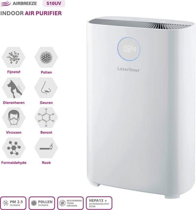 Laserliner AirBreeze 510UV - UV Luchtreiniger 510m³/h - HEPA 13 - Inactiveren virussen/ bacteriën - Fijnstof 99,997% - Bijzonder stil < 20 dB - Verduisterend display - Wit design