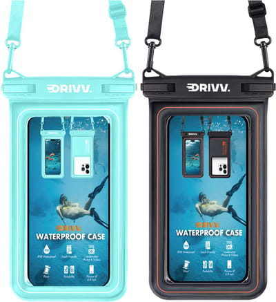 Drivv. Luxe Waterdicht Telefoonhoesje - Set van 2 – Drijvend - Dubbele Klipsluiting - Telefoons tot 6.8 inch – Onderwater Hoesje Telefoon - Zwart & Blauw