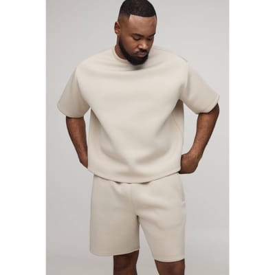 Plus Oversized Boxy Bonded Scuba T-Shirt & Relaxed Short Set | Stone | Size 4XL