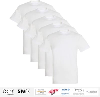 5 Pack Sol's Heren T-Shirt 100% biologisch katoen Ronde hals Wit Maat S