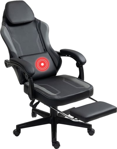 VDD Gaming - Gamestoel met massagefunctie en voetsteun - Gaming chair in de kleur Zwart/Grijs - Game stoel met nekkussen & verstelbaar rugkussen - Ergonomische bureaustoel met padded armsteunen - Max draagvermogen 150 kg - Verstelbare ruggensteun