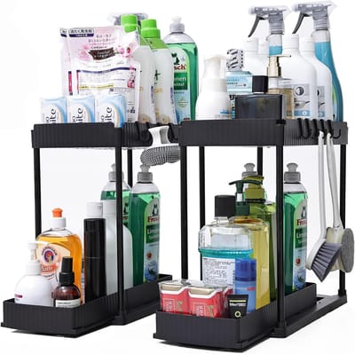 Famanu – Organizer voor onder de wastafel - uittrekbaar - 2-traps spoelkastorganizer met 5 haken en 2 uittrekbare manden - keukenorganizer en badkameropslag - waterbestendig - verpakking van 2 stuks - zwart