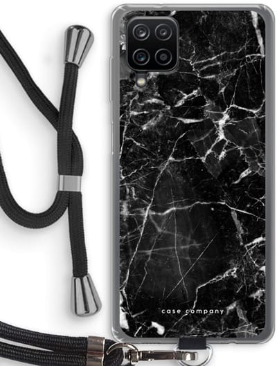 Case Company® - Hoesje met koord geschikt voor Samsung Galaxy A12 hoesje met Koord - Zwart Marmer - Telefoonhoesje met Zwart Koord - Bescherming aan alle Kanten en Over de Schermrand