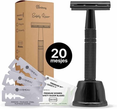 Safety Razor + Houder + 20 Scheermesjes Aluminium Deep Black Zwart Unisex Scheermes