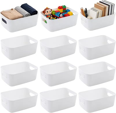 Opslagboxen Set van 12 - Stapelbare Plastic Opbergmanden met Handvatten voor Kantoor, Keuken en Badkamer - Ideaal voor Planken en Kasten