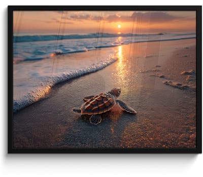 Poster in lijst - Fotolijst 80x60 cm - Posters - Schildpad - strand - Zonsondergang - Posterlijst zwart - Decoratie - Wanddecoratie woonkamer - Muurdecoratie slaapkamer