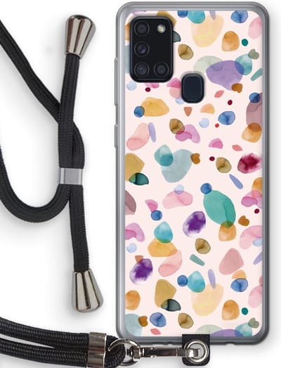 Case Company® - Hoesje met koord geschikt voor Samsung Galaxy A21s hoesje met Koord - Terrazzo Memphis - Telefoonhoesje met Zwart Koord - Bescherming aan alle Kanten en Over de Schermrand
