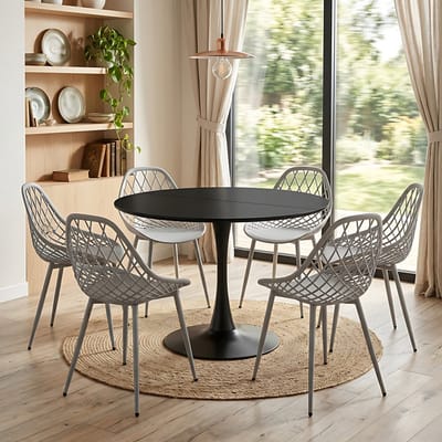 EGGREE eethoek - eettafel met 6 grijze stoelen - tafel Ø 100 cm - voor bar - café en eetkamer - zwarte tafel