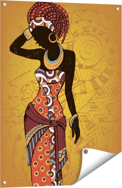 Gards Tuinposter Getekende Afrikaanse Vrouw - Abstract - 60x80 cm - Tuindoek - Tuindecoratie - Wanddecoratie buiten - Tuinschilderij