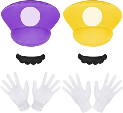 Mario Kostuum Set met 3 Cosplay Accessoires voor Dames, Heren en Kinderen - Hoeden, Snorren en Witte Handschoenen voor Feestkleding en Verkleedpartijen