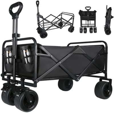 NaevaMi Bolderkar Opvouwbaar - All-Terrain Strandwagen - Bolderkar voor Kinderen, Kamperen, Boodschappen en naar het Strand - Opvouwbare Trolley met Wielen - Draagvermogen 150kg - 150L Inhoud - Zwart/Grijs