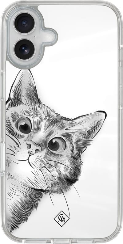 Casimoda® hoesje - Geschikt voor iPhone 16 - Kat Kiekeboe - 2-in-1 case - Schokbestendig - Illustratie - Verhoogde randen - Grijs, Transparant
