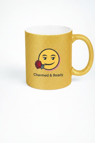 Gouden Glitter Mok 'Charmed & Ready' met Flirterige Emoji en Roos - Uniek Cadeau