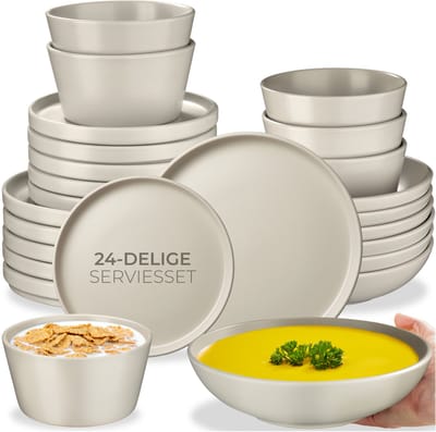 tectake® Serviesset Una - 24-delig - Aardewerk - 6 Persoons - Stijlvol en Duurzaam Servies - Bordenset met Grote en Kleine Borden, Kommen, Schaaltjes - Taupe