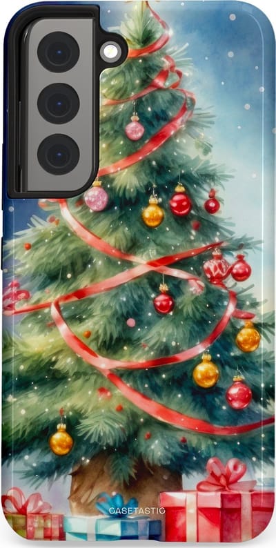 Casetastic hoesje geschikt voor Samsung Galaxy S22 - Dubbellaagse bescherming - Aquarel Kerstboom Cadeau - Fashion Case - Grijs Donkerblauw Saliegroen Beige
