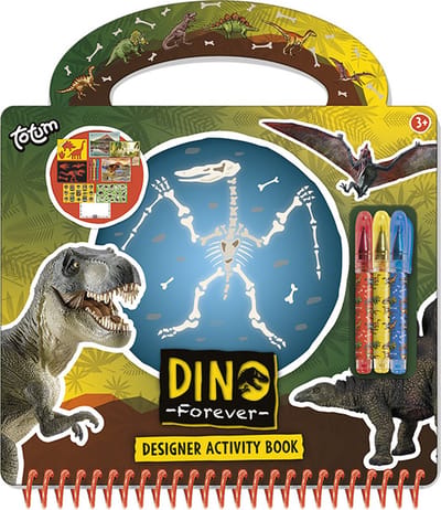 Totum Dino designer doeboek vakantieboek tekenen schrijven en stickeren boekje met dinosaurus thema - 25 delig incl. stickers sjablonen | creatief speelgoed junior