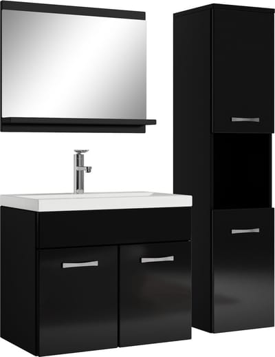 Badplaats Badkamermeubel Set Montreal 60 x 35 cm – Zwart Hoogglans – Badmeubel met Spiegel en Zijkast