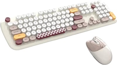 Draadloos Toetsenbord en Muis Set – Full-Size, Schattig Design, Kantoor, Typmachine Stijl, Desktop Computer, Ergonomisch, Kleurrijk- BEIGE