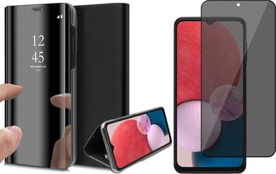 Hoesje geschikt voor Samsung Galaxy A13 4G - Book Case Spiegel Wallet Cover Hoes Zwart - Tempered Glass Privacy Screenprotector