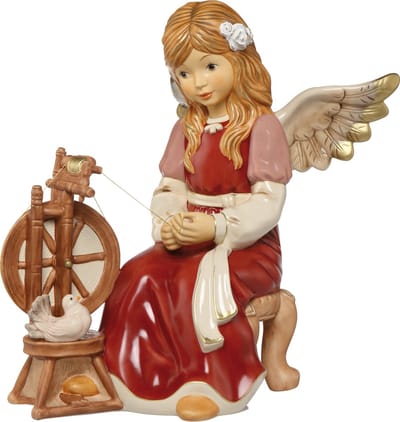 Goebel - Kerst | Decoratief beeld / figuur Engel sprookjes spinnewiel rood | Aardewerk - 36cm - Limited Edition