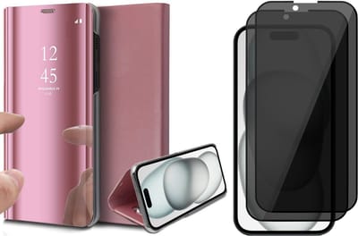 Hoesje geschikt voor iPhone 15 - 2x Privacy Screen Protector FullGuard - Book Case Spiegel Roségoud & Screenprotector