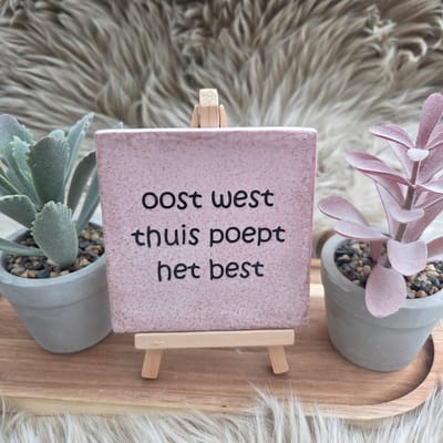 Robuust wenstegeltje “oost west thuis poept het best” – Keramiek 10x10 cm – Humoristische Wanddecoratie & Cadeau – Cadeau vrienden,zomaar – Humor tegeltje - Grappige tekst tegel – WC decoratie humor