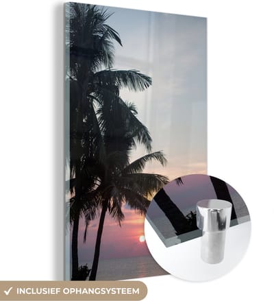 MuchoWow® Glasschilderij 120x180 cm - Schilderij acrylglas - Palmbomen - Pastel - Avond - Zomer - Tropisch - Foto op glas - Schilderijen