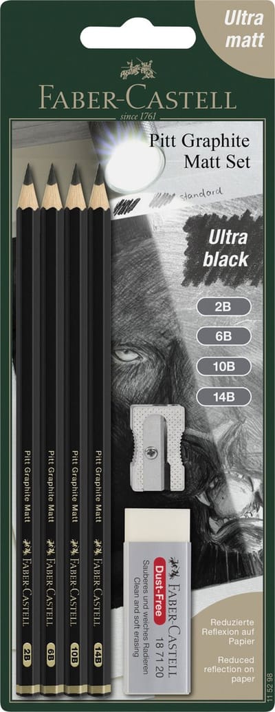 Faber-Castell grafietpotloden set - Pitt Mat - 4 stuks 2B-6B-10B-14B met toebehoren - FC-115298