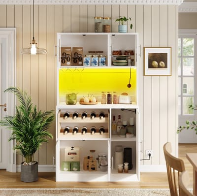FloraGrace Keukenkast - Met Ledverlichting En Stopcontact - Wijnrek En Glazenhouder Voor Keuken En Eetkamer - MDF - 100x40x180 Cm - Wit