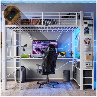 KOMHTOM Hoogslaper 90 x 200 cm, van ijzer, met bureau, kledingstang, planken, lades, USB- en Type-C-aansluitingen, ledstrip, wit