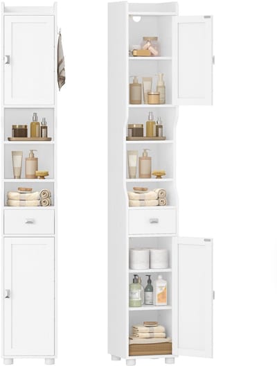 Dailygoods- Badkamerkast Hoge Kast met 2 Deuren - Smalle Kolomkast - Verstelbare Planken - Toiletkast met Open Vak - Modern - 28 × 28 × 180 cm - Opbergkast