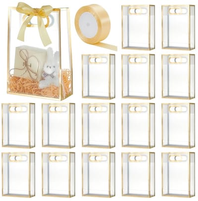 Dailygoods- Geschenkzakjes 15 stuks - Doorzichtige Zakjes - Herbruikbare Plastic - Met Lint - Voor Kerstmis/Bruiloft - Gouden Grens - Cadeauzak