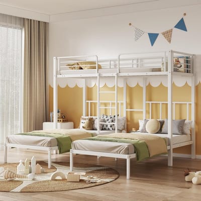 Driepersoons Stapelbed - Drievoudig Bed - Kinderkamer Inrichten - Met Geïntegreerde Tafel - 90x200cm - Wit