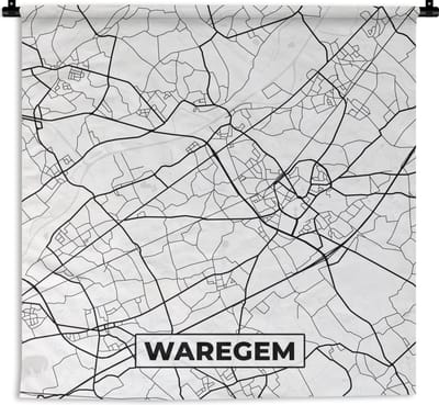 Wandkleed - Wanddoek - Plattegrond – Waregem – Zwart Wit – Stadskaart - Kaart - 180x180 cm - Wandtapijt