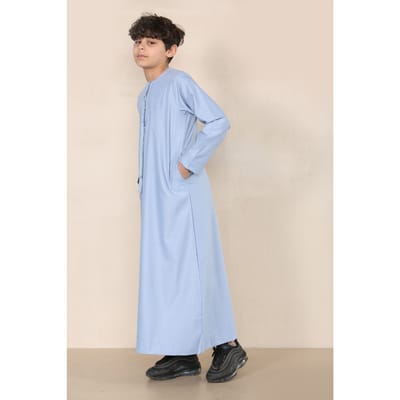 Blauwe Thobe voor jongens, Emirati Jubba, islamitische kleding, kaftan, Eid-kwastjes met koord