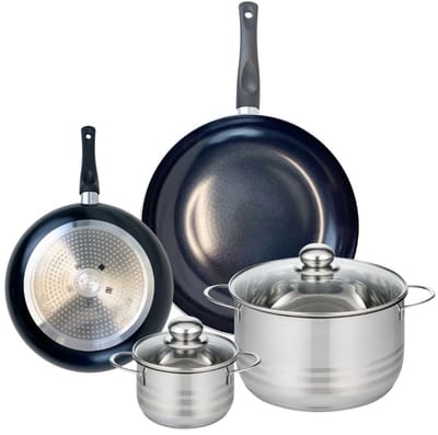 Set van 2 Koekenpannen 24 en 32 cm en 2 kookpotten 14 en 24 cm Elo Prima Glanzend