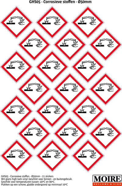 Pictogram sticker 75 stuks GHS05 - Bijtende stoffen - 50 x 50 mm - 15 stickers op 1 vel