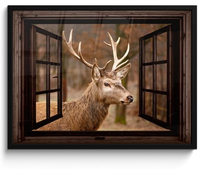 Poster in lijst - Fotolijst 70x50 cm - Posters - Hert - Dier - Bos - Herfst - Hertenkop - Bruin - Doorkijk - Posterlijst zwart - Decoratie - Wanddecoratie woonkamer - Muurdecoratie slaapkamer
