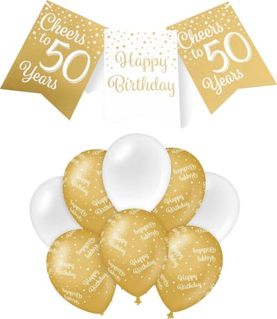 Paperdreams Luxe 50 jaar/Happy Birthday feestversiering set - Ballonnen & vlaggenlijnen - wit/goud