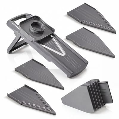 Metaltex V-Mandoline - Groentesnijder met 5 Verwisselbare Messen - Juliennesnijder en Frietsnijder - Verstelbare Snijdikte - Veiligheidshouder